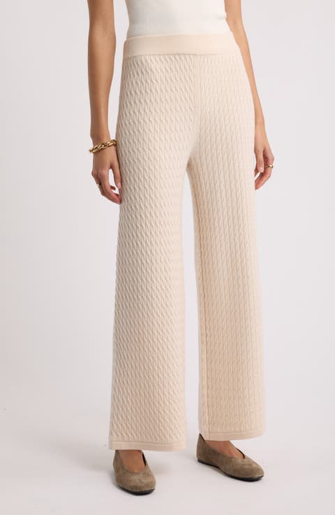 Cable Knit Wool & Cashmere Wide Leg Pants