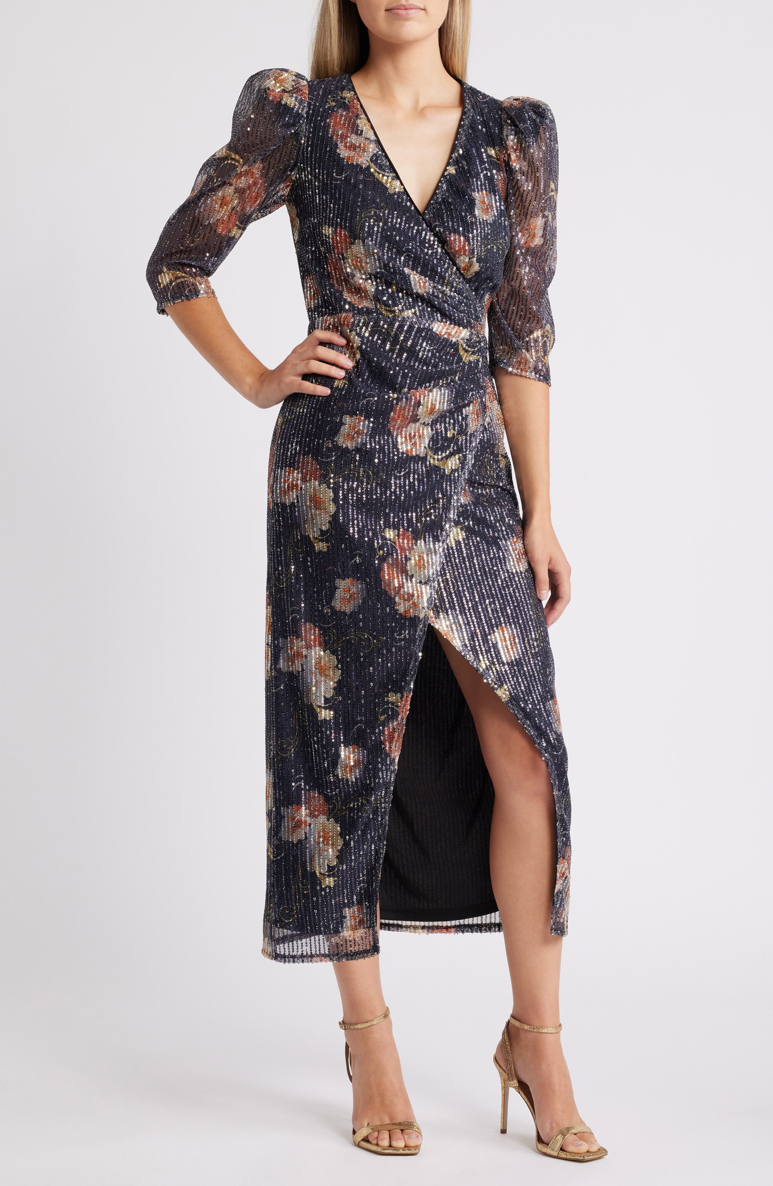 Chelsea28 Sequin Print Puff Shoulder Long Sleeve Gown in Black Floral 