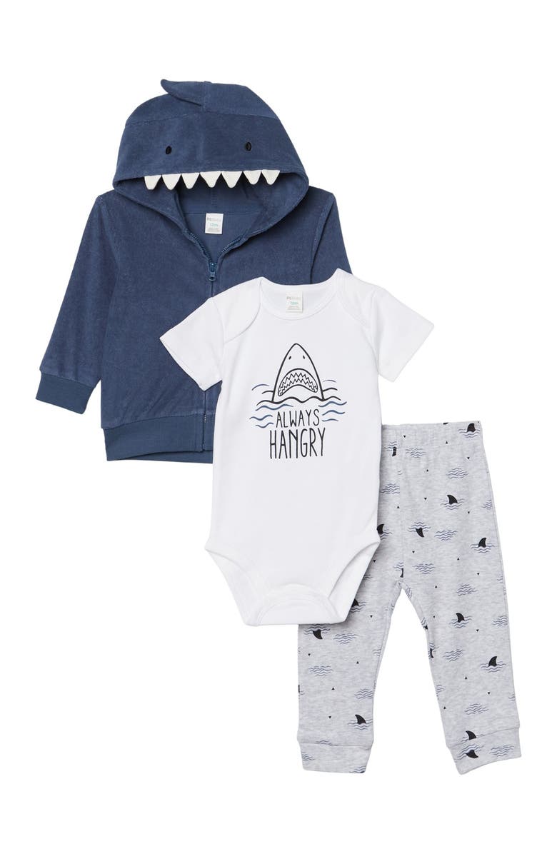 PL BABY BY PETIT LEM Shark Print Hoodie, Bodysuit, & Bottoms 3-Piece Set, Main, color,