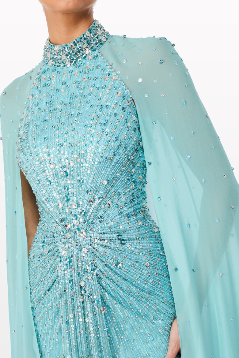 Thea Embellished Cape Maxi Dress, Alternate, color, Light Turquoise