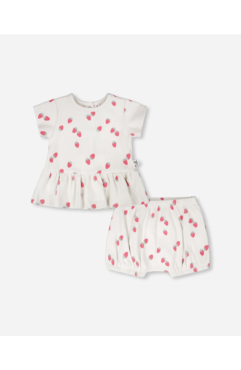 Deux par Deux Cotton Rib Jersey Strawberries Printed Top and Short Set, Main, color, White Printed Strawberries