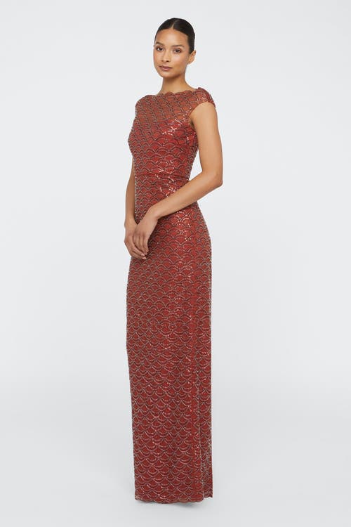 Theia Aura Beaded Column Gown In Brown