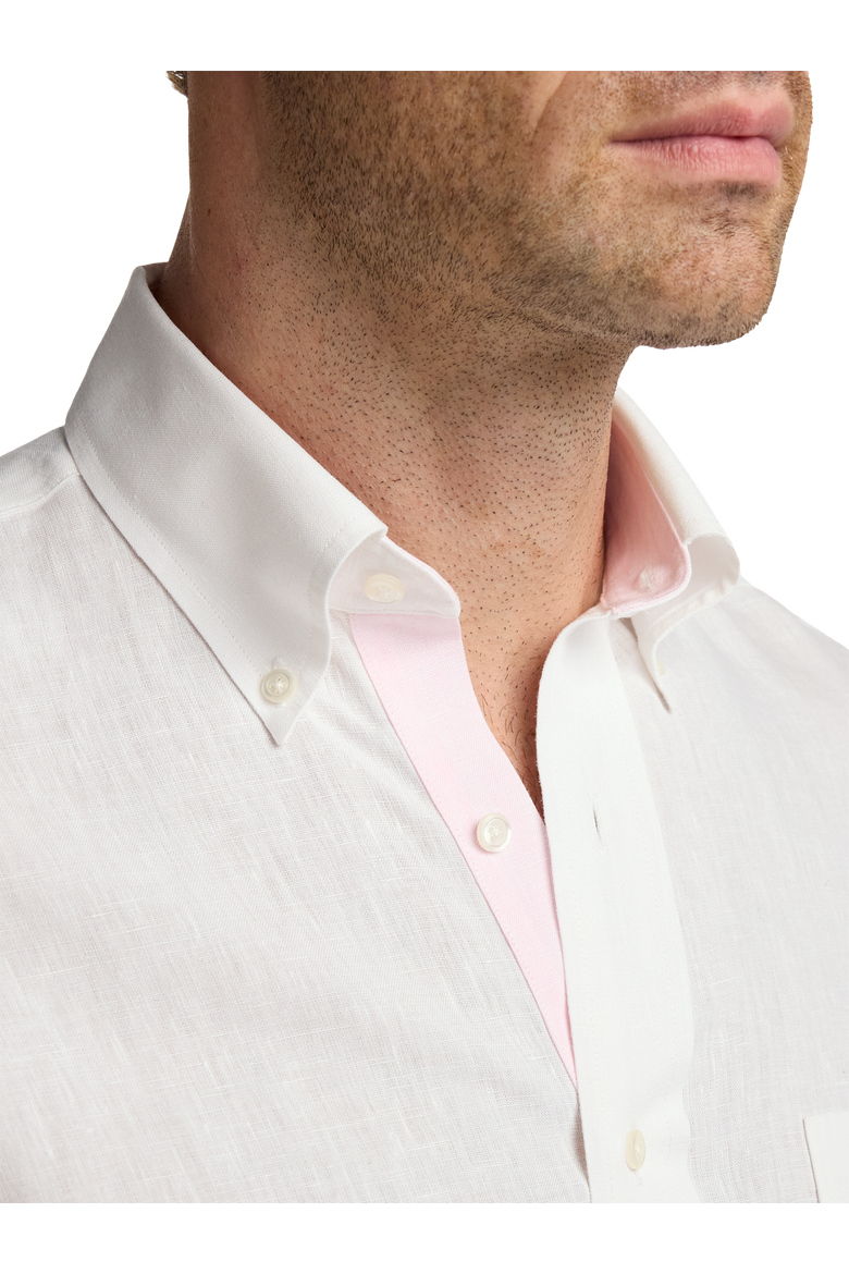Linen Buttondown Collar Poplin Classic Contrast Trim Hemmed Sleeve Short Sleeve Shirt, Alternate, color, White