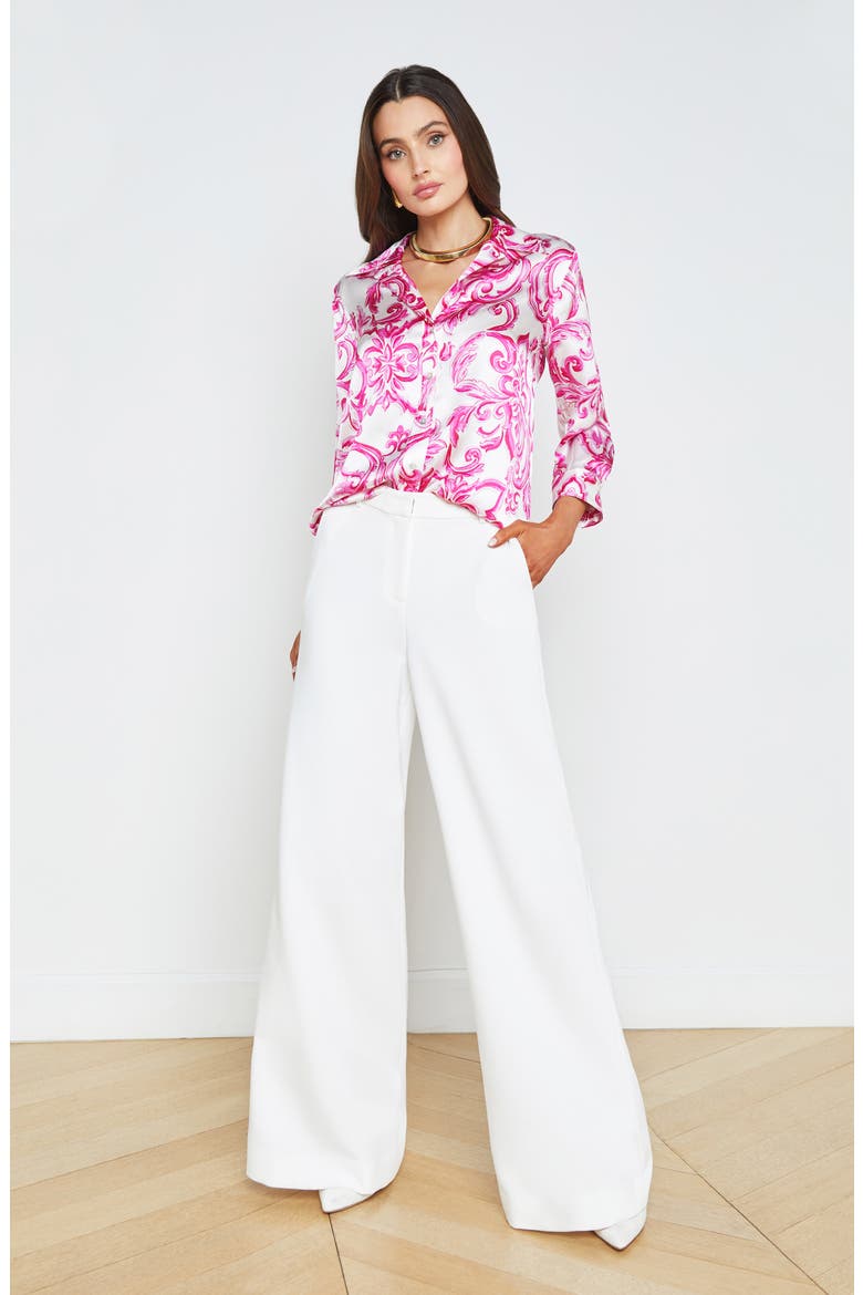 Dani Silk Button-Up Shirt, Alternate, color, WHITE/ PINK MEDITERRANEAN TILE