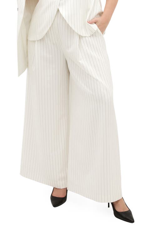 Belted Pinstripe Wide Leg Pants (Plus)