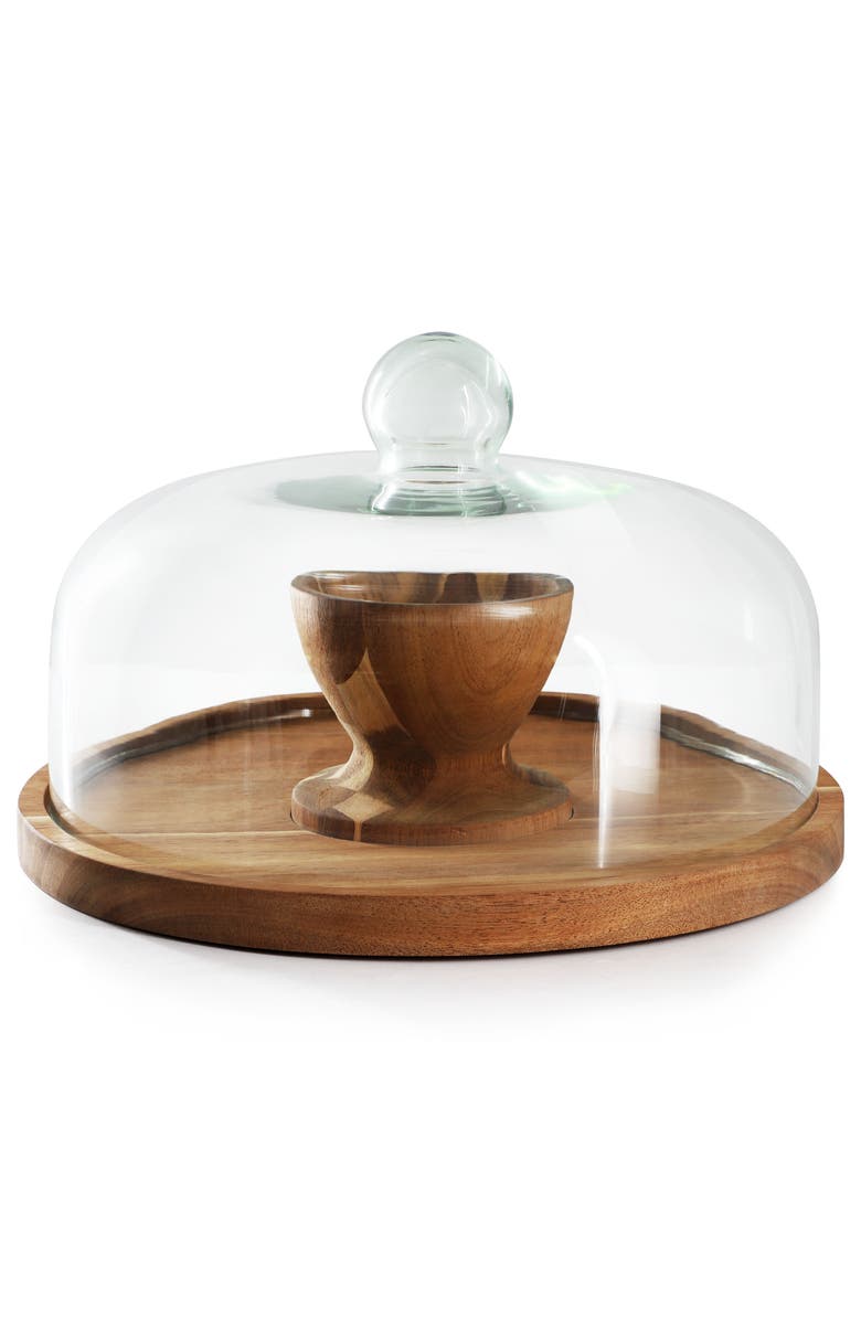 Megachef Acacia Wood Multi-Function Cake Stand with Glass Dome Lid, Alternate, color, Acacia