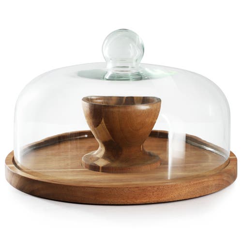 Megachef Acacia Wood Multi-function Cake Stand With Glass Dome Lid In Brown