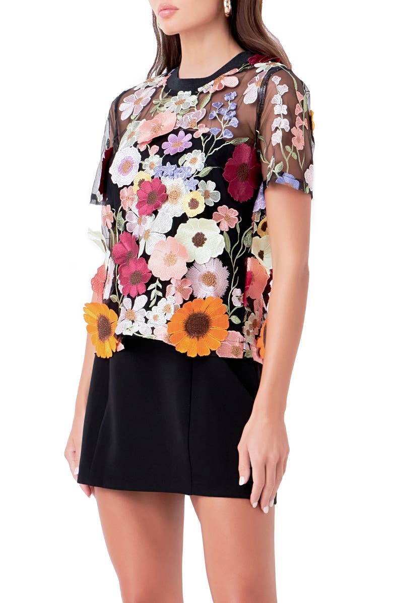Endless Rose Floral Embroidered Appliqué Organza Top, Alternate, color, Black