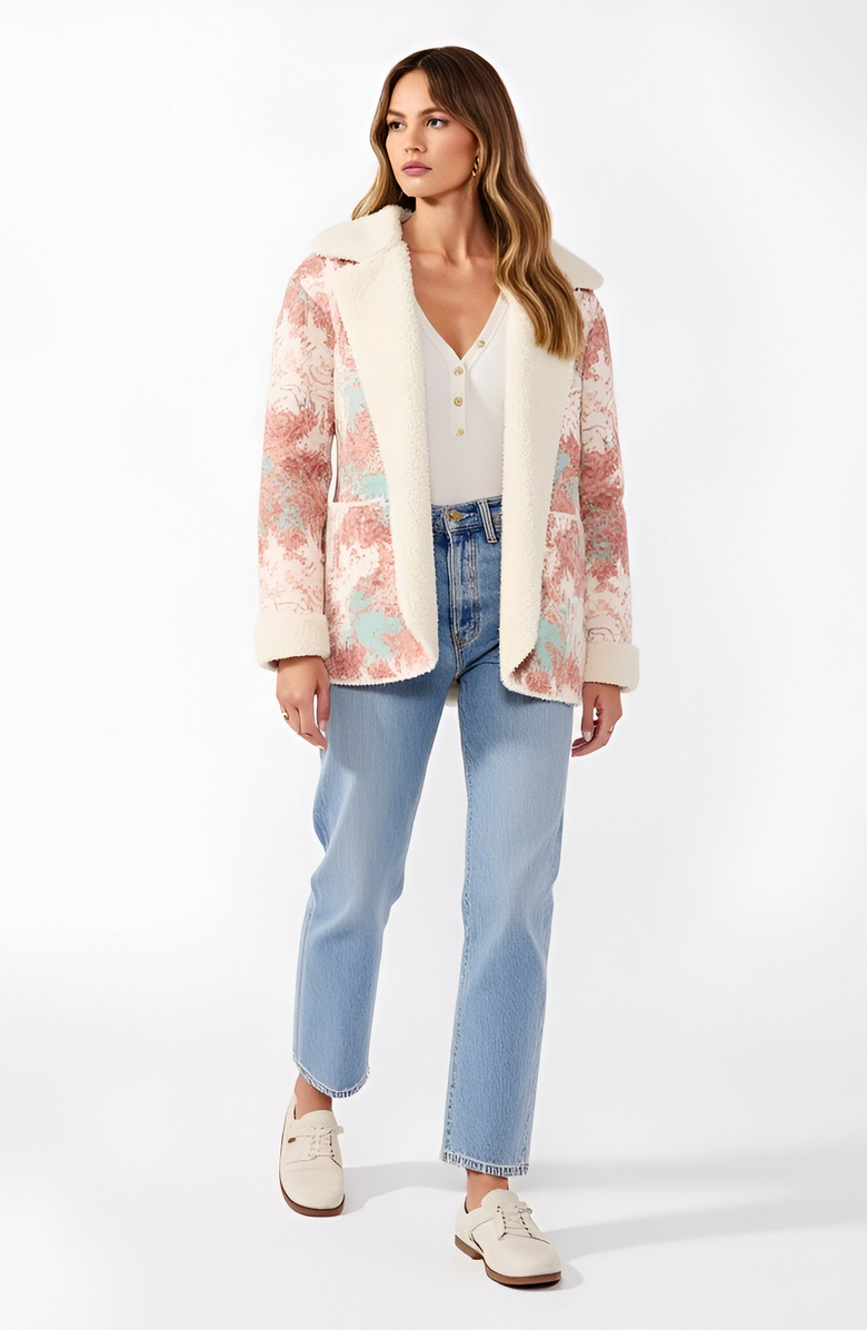 Modenaire Floral Patchwork Plush Trim Oversized Hood Fleece Jacket, Alternate, color, 