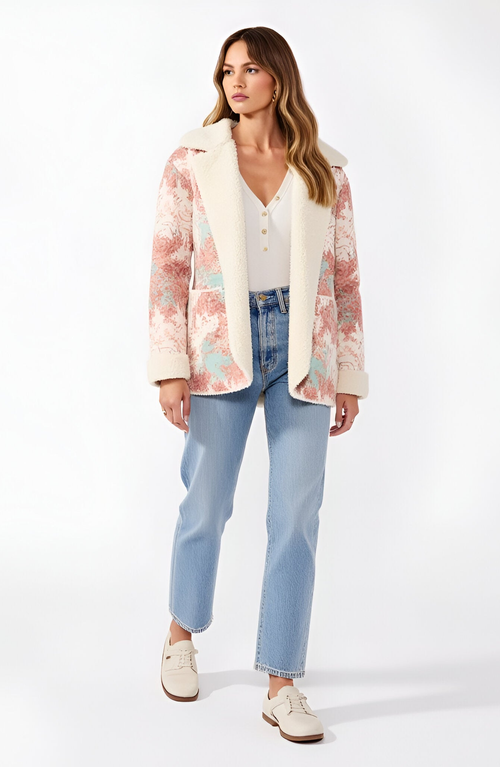 Modenaire Floral Patchwork Plush Trim Oversized Hood Fleece Jacket In Pink