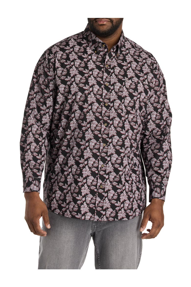 Big & Tall Easy-Care 3-D Floral Print Sport Shirt, Alternate, color, BLACK