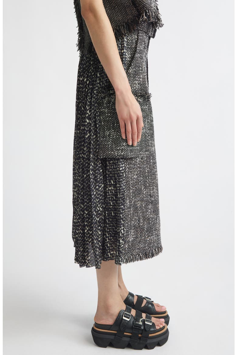 Mixed Media Fringe Tweed & Chiffon Skirt, Alternate, color, BLACK