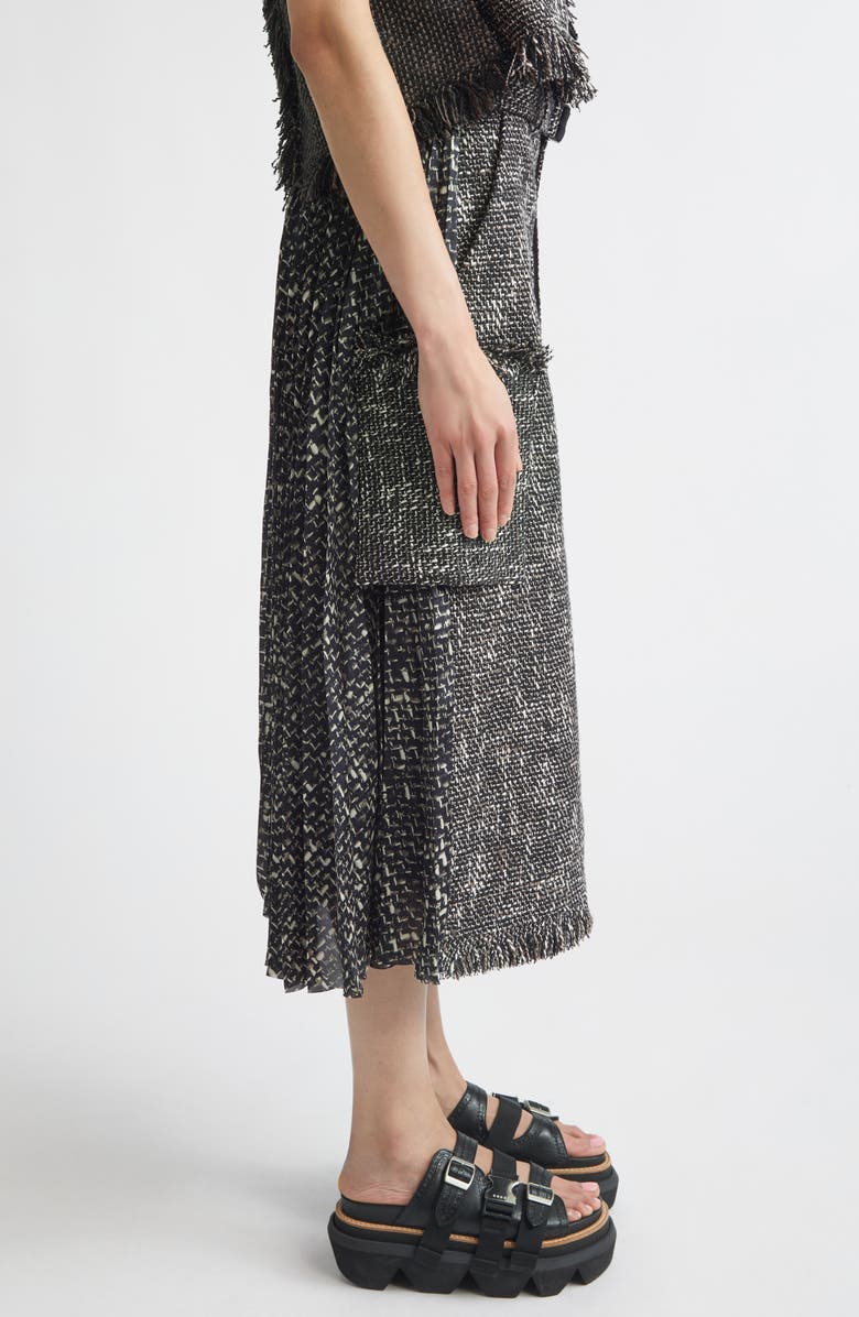 Sacai Mixed Media Fringe Tweed & Chiffon Skirt, Alternate, color, Black