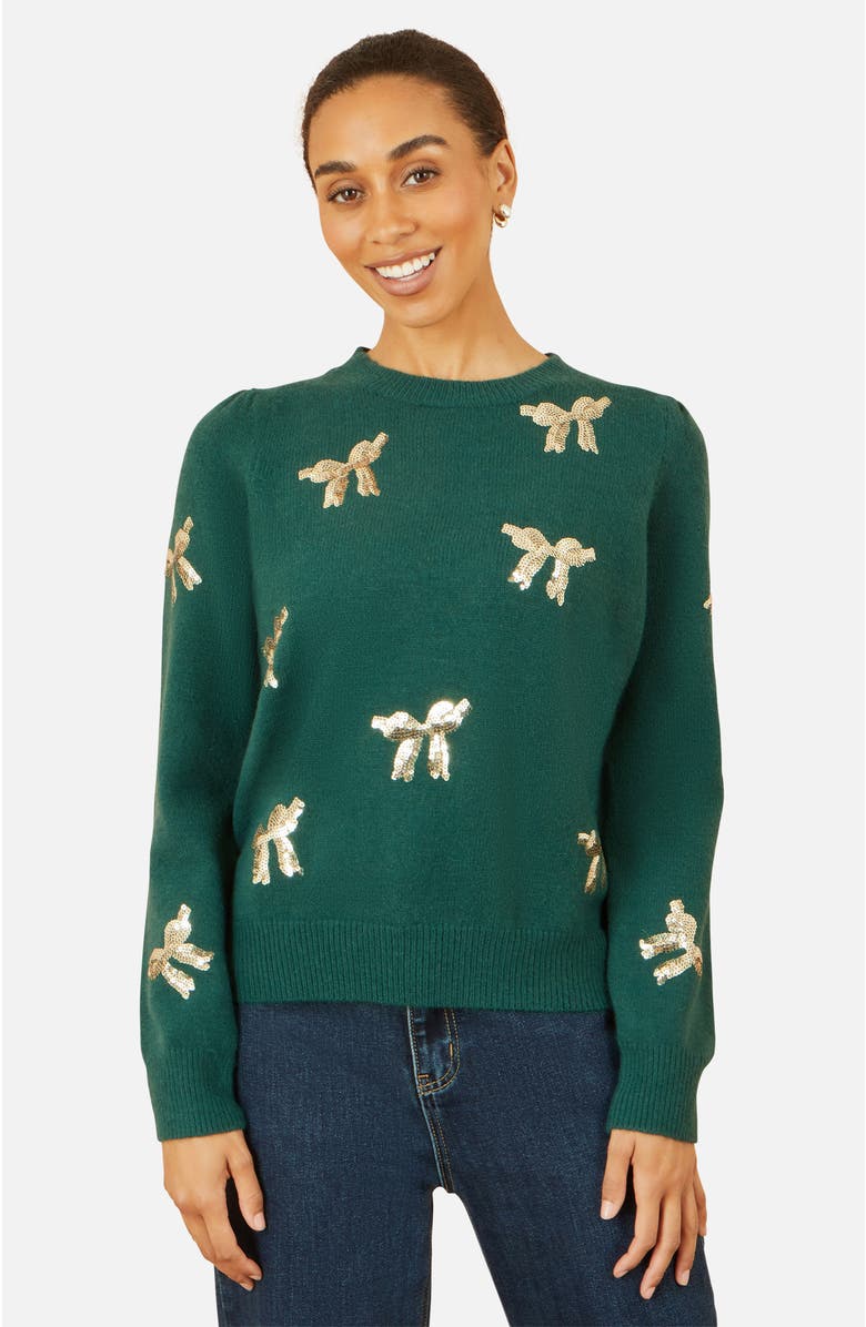 Yumi Sequin Applique Bow Sweater, Main, color, Green
