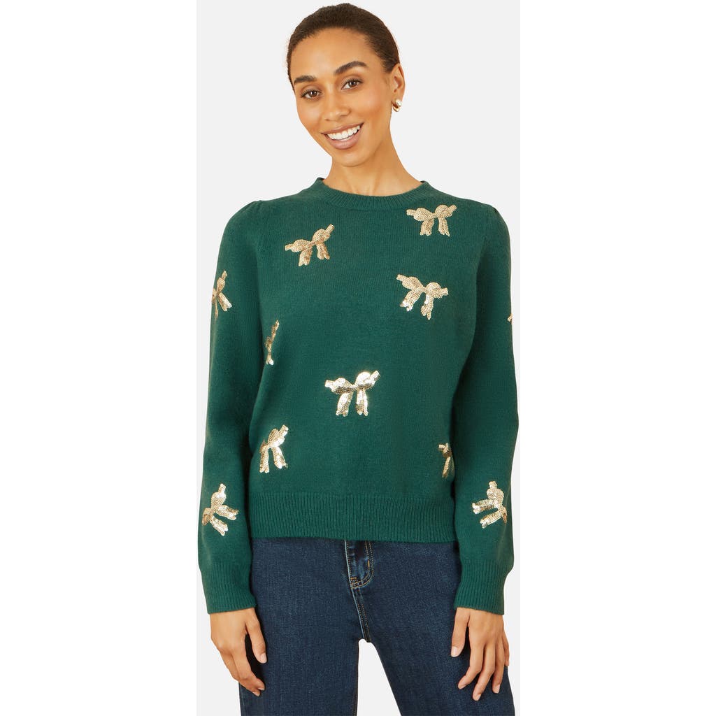 Yumi Sequin Applique Bow Sweater In Green