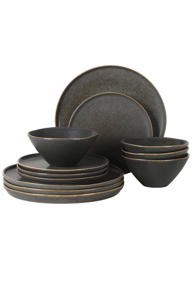 Coastal Forest 12-Piece Triple Reactive Glaze Stoneware Dinnerware Set, Main, color, Grey