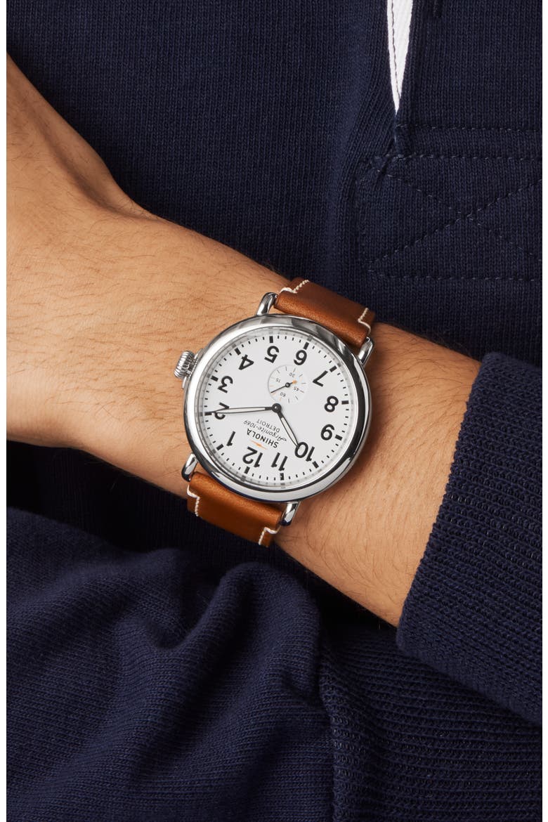 The Runwell Leather Strap Watch, 47mm, Alternate, color, BROWN/ WHITE/ SILVER