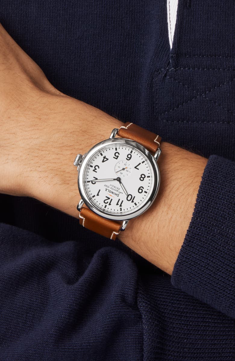 Shinola The Runwell Leather Strap Watch, 47mm, Alternate, color, Brown/ White/ Silver