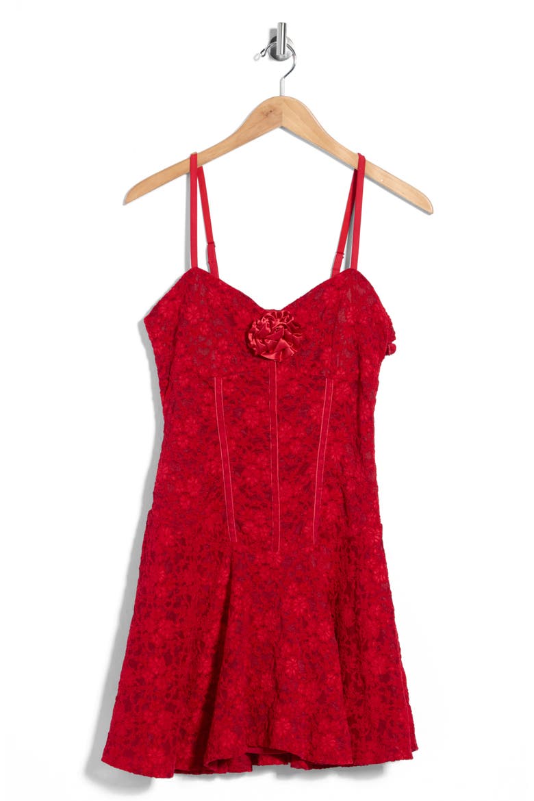 Rosette Detail Basque Waist Lace Dress, Alternate, color, RED