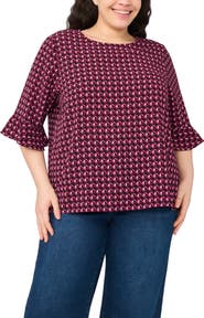 CeCe Ruffle Cuff Print Top