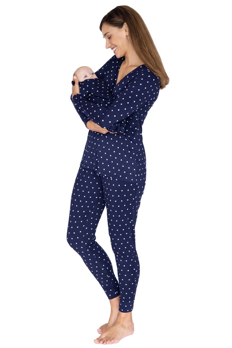 Polka Dot Maternity/Nursing Pajamas & Baby Pouch Set, Main, color, NAVY