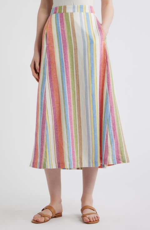 Stripe Linen Blend Midi Skirt