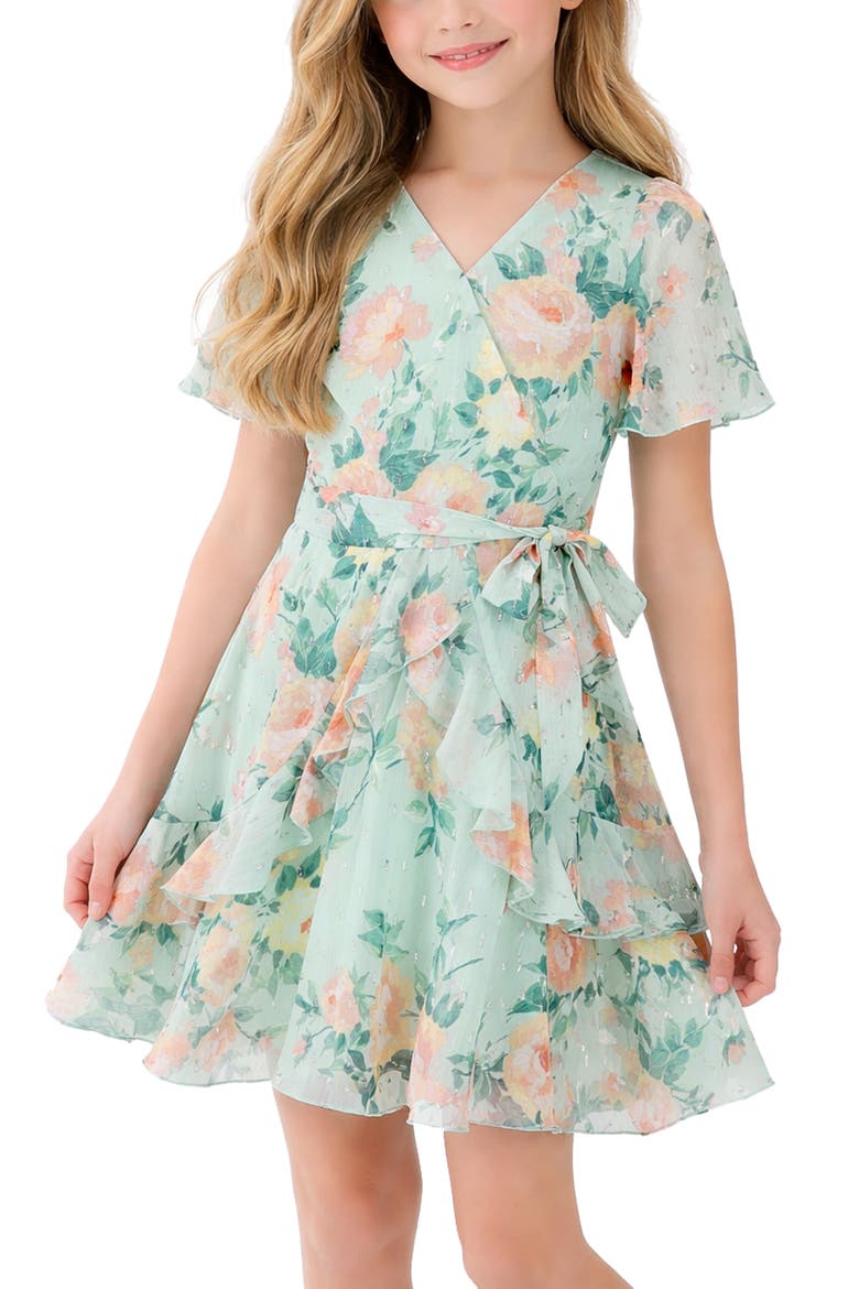 Kids' Metallic Clip Dot Chiffon Faux Wrap Party Dress, Alternate, color, SAGE/ MULTI