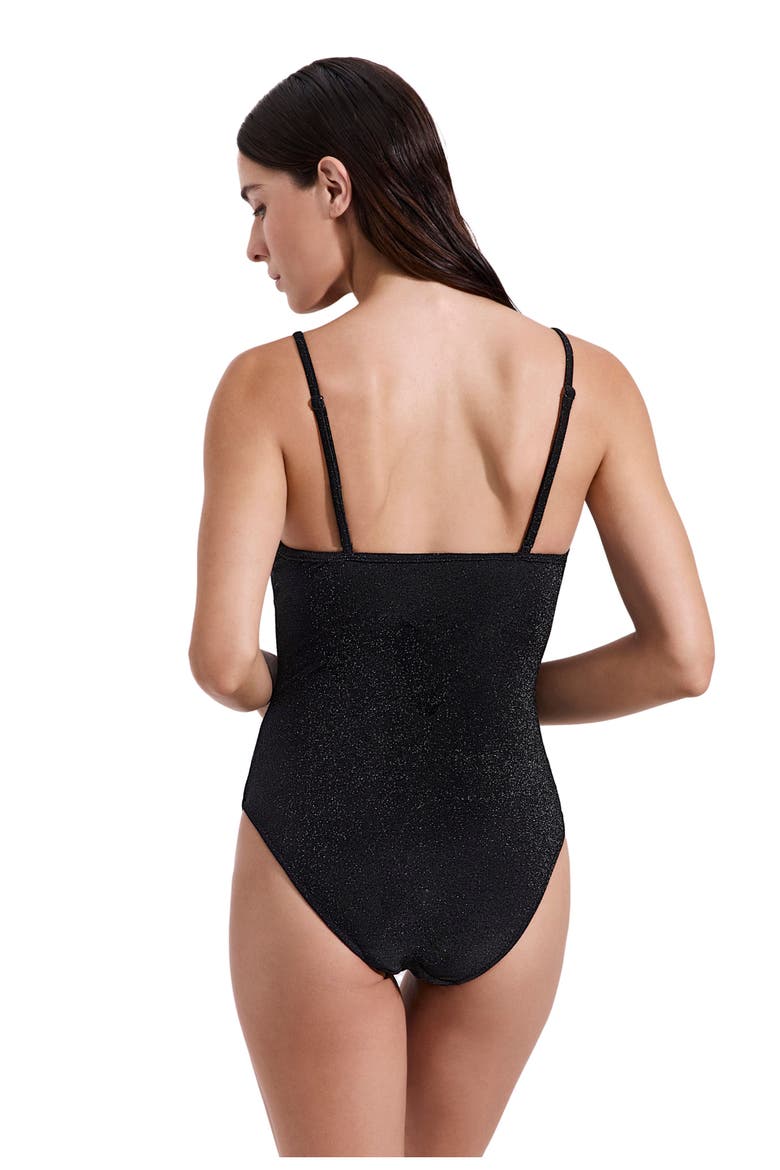 Luna Textured Shimmer Deep Plunge V-Wire One Piece, Alternate, color, Black