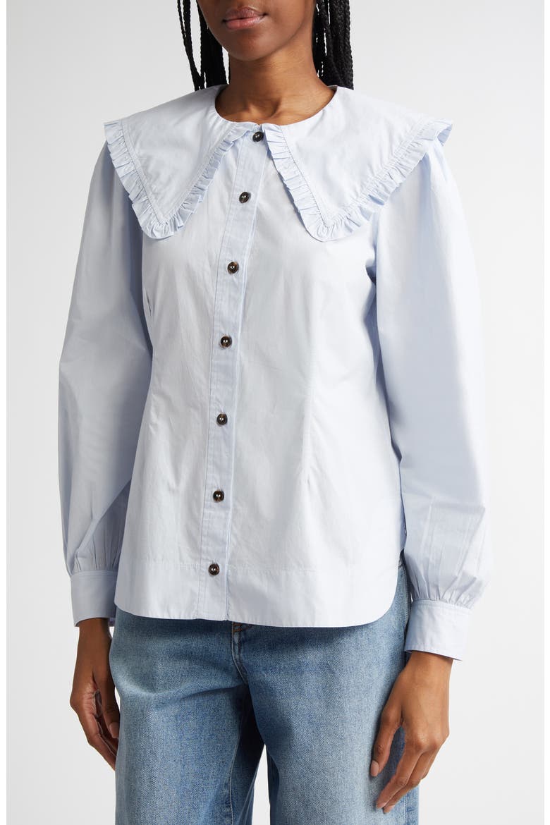 Organic Cotton Poplin Ruffle Peter Pan Collar Button-Up Shirt, Alternate, color, HEATHER