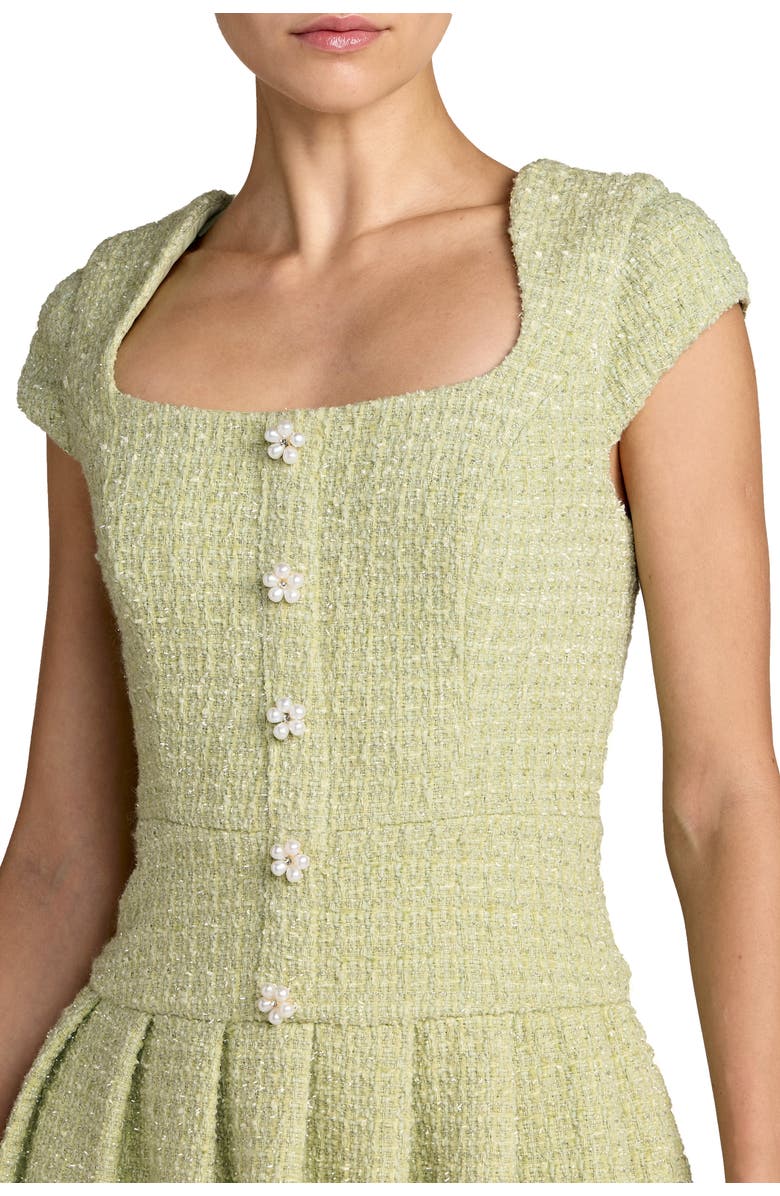 Mac Duggal Boucle Cap Sleeve Pleated Skirt Mini Dress, Alternate, color, Sage