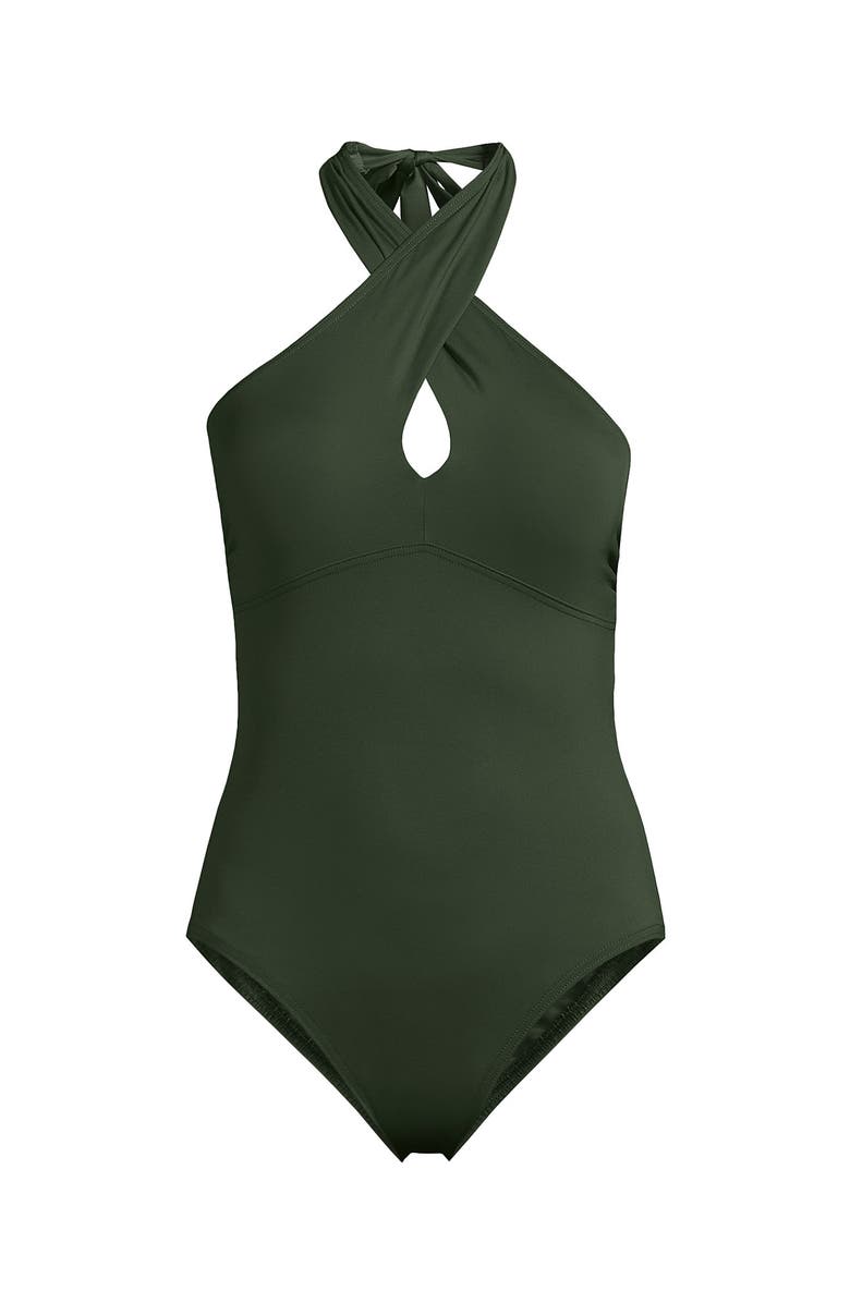 Lands' End Criss Cross Halter One Piece Swimsuit, Alternate, color, Rich Olive Green