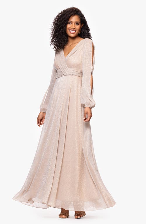 BETSY & ADAM BETSY & ADAM METALLIC CRINKLE LONG SLEEVE A-LINE GOWN 