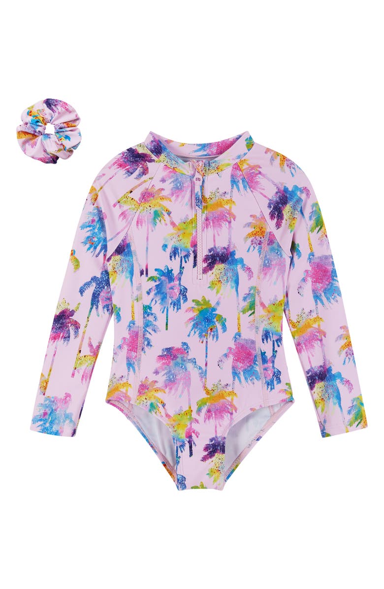 Andy & Evan Kids' Palm Tree Long Sleeve One-Piece Rashguard Swimsuit & Scrunchie Set, Alternate, color, 