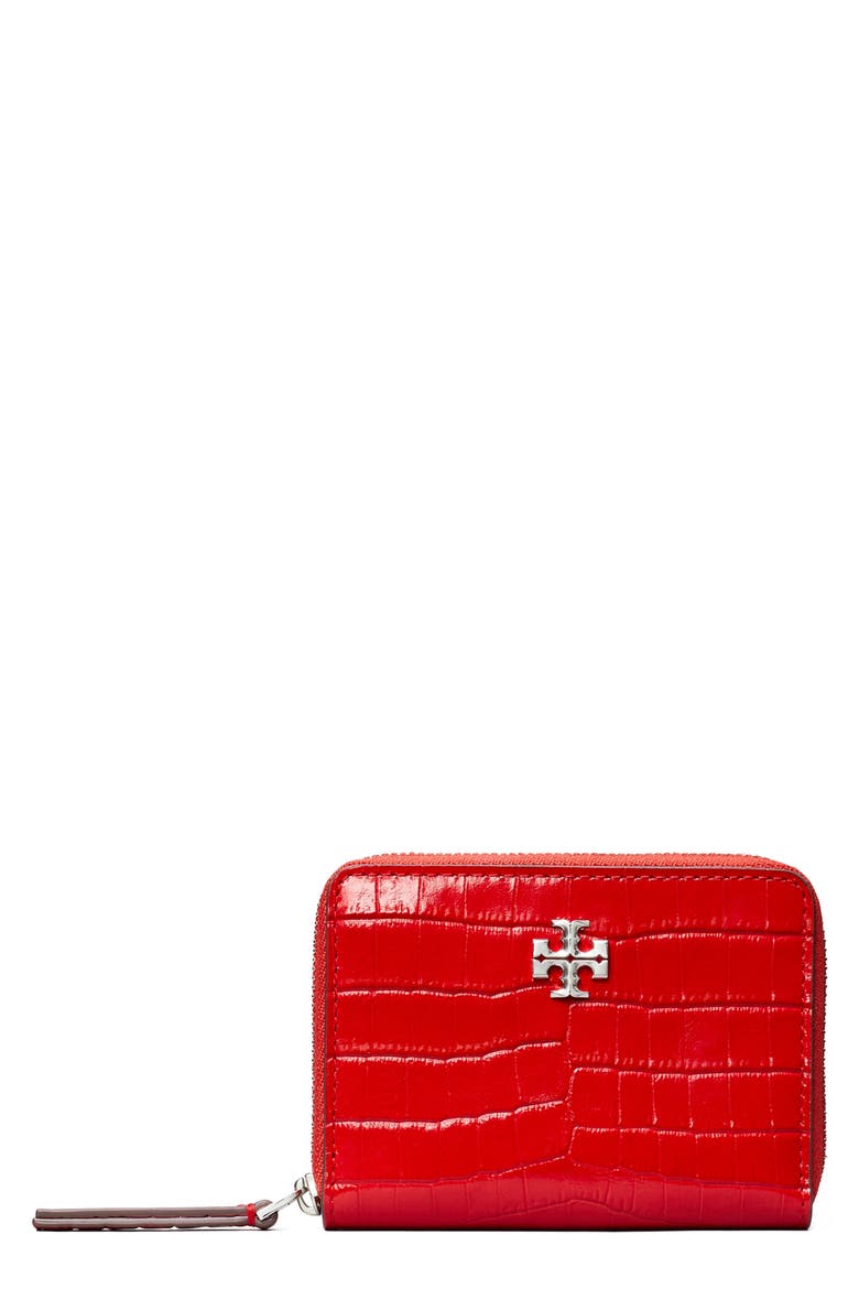 Small Kira Croc Texture Leather Zip Wallet, Main, color, RED SKY
