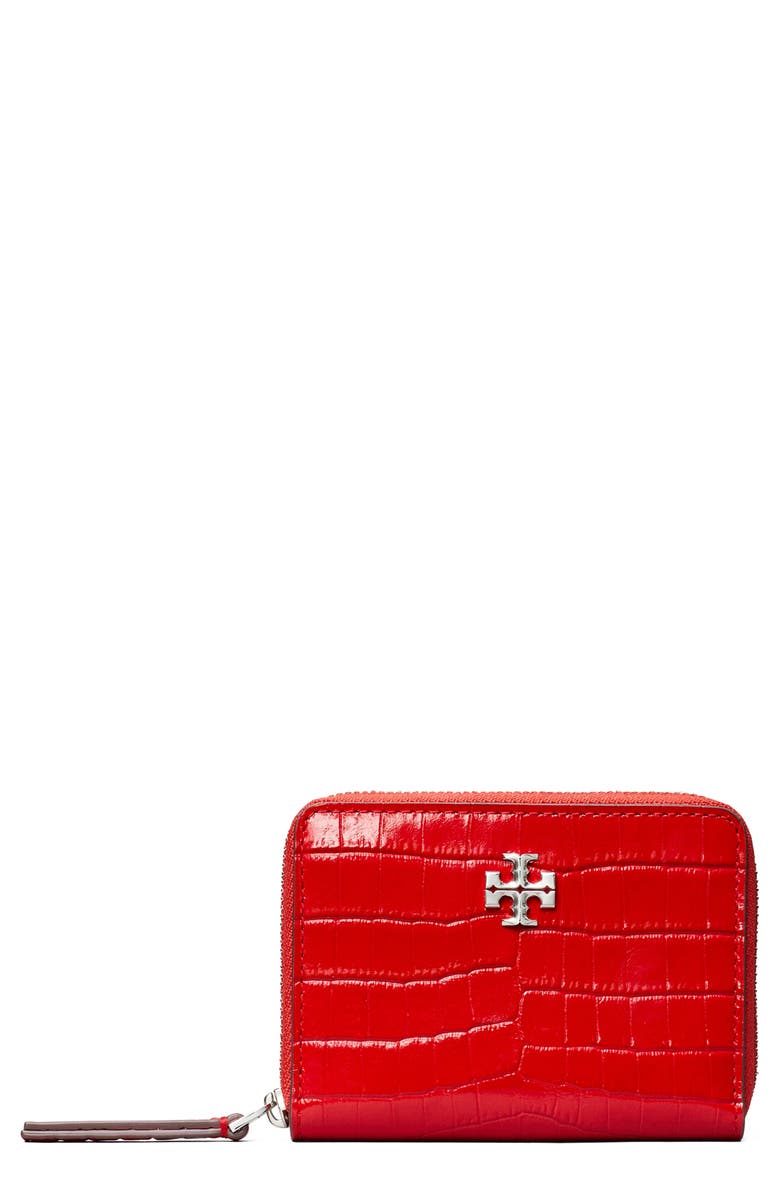 Tory Burch Small Kira Croc Texture Leather Zip Wallet, Main, color, Red Sky