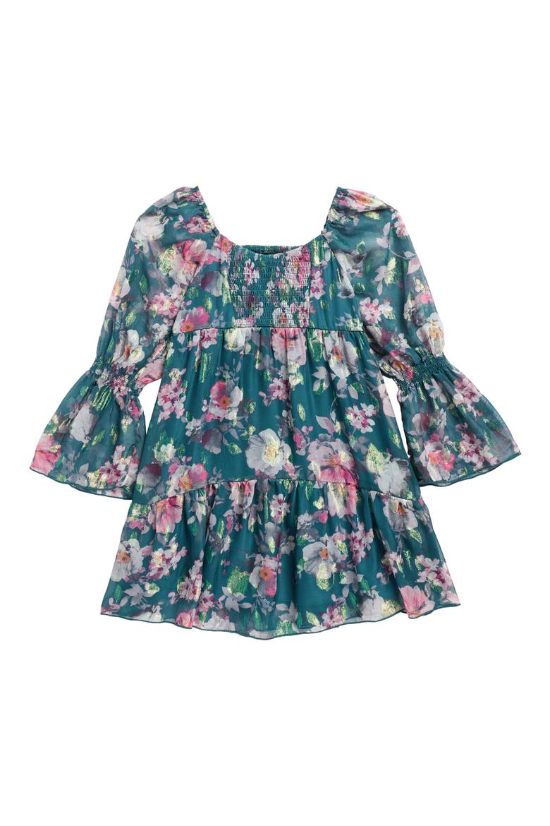 Kids' Metallic Floral Tiered Long Sleeve Babydoll Dress, Main, color, TEAL MULTI