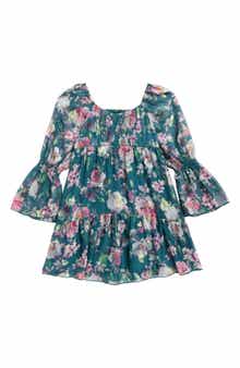 Zunie Kids' Metallic Floral Tiered Long Sleeve Babydoll Dress