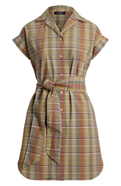 Shop Ralph Lauren Lauren  Madras Cotton Shirtress In Green/tan/blue Multi