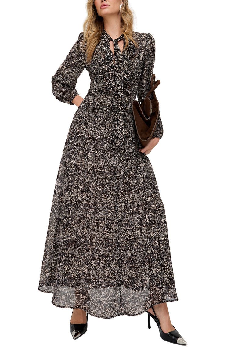 Margot Ruffle Neck Spot Print Maxi Dress, Main, color, Brown