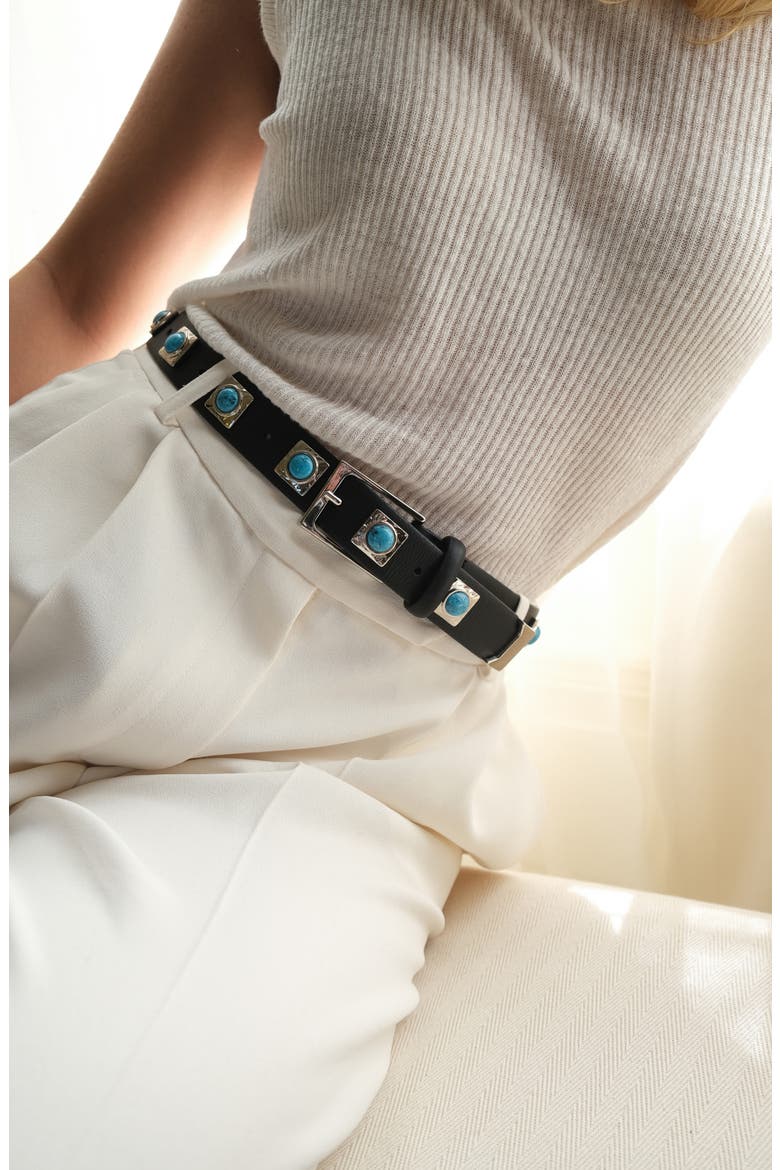 No. 2 Stud Leather Belt, Alternate, color, BLACK SILVER TURQUOISE ENAMEL