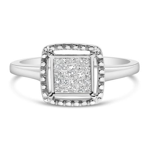 Silver 1/5 Cttw Invisible Set Princess Cut Diamond Promise Ring with Beaded Halo