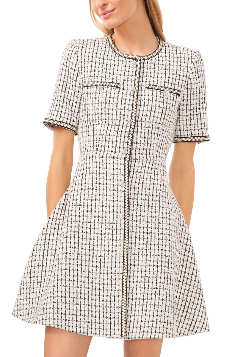 CeCe Short Sleeve Tweed Fit & Flare Dress, Alternate, color, 