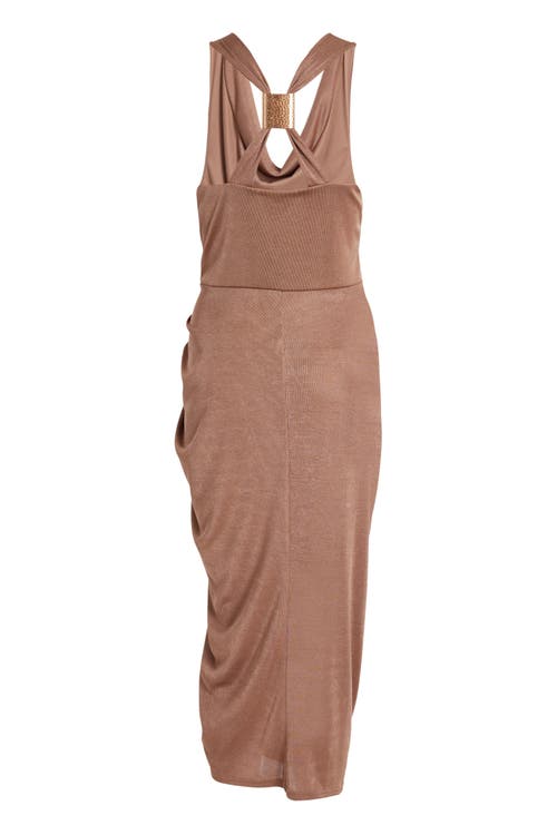 Quiz Disco Cowl Hardware Detail Back Ruched Midi Dress In Brown
