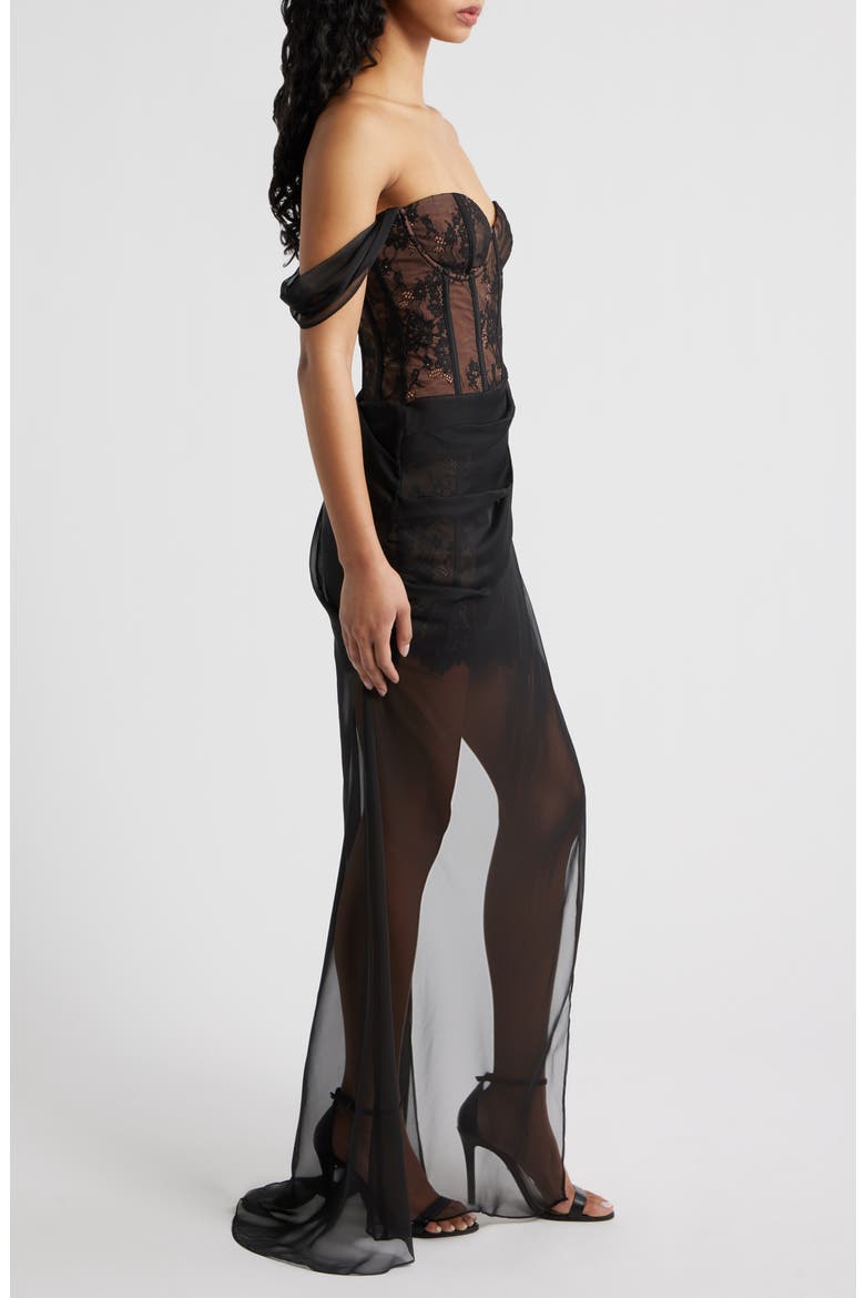 Debutante Off the Shoulder Mixed Media Gown, Alternate, color, BLACK