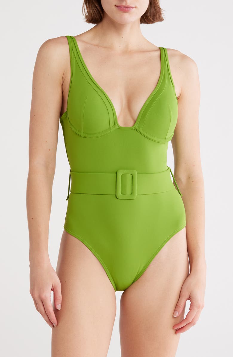 Hutch Underwire Belted One-Piece Swimsuit, Main, color, Green