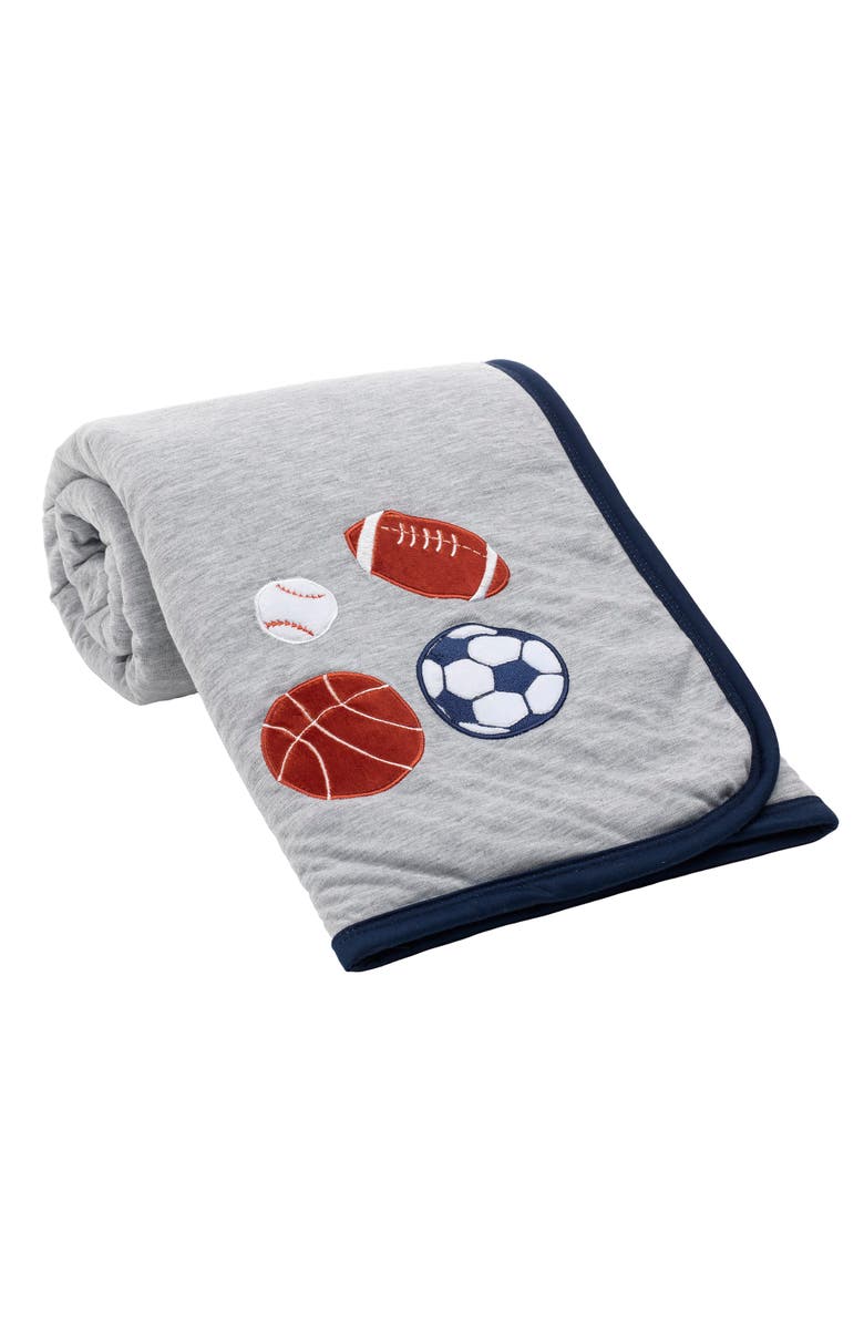 Lambs & Ivy Hall of Fame Sports Jersey/Faux Shearling Cozy Baby Blanket, Alternate, color, Gray