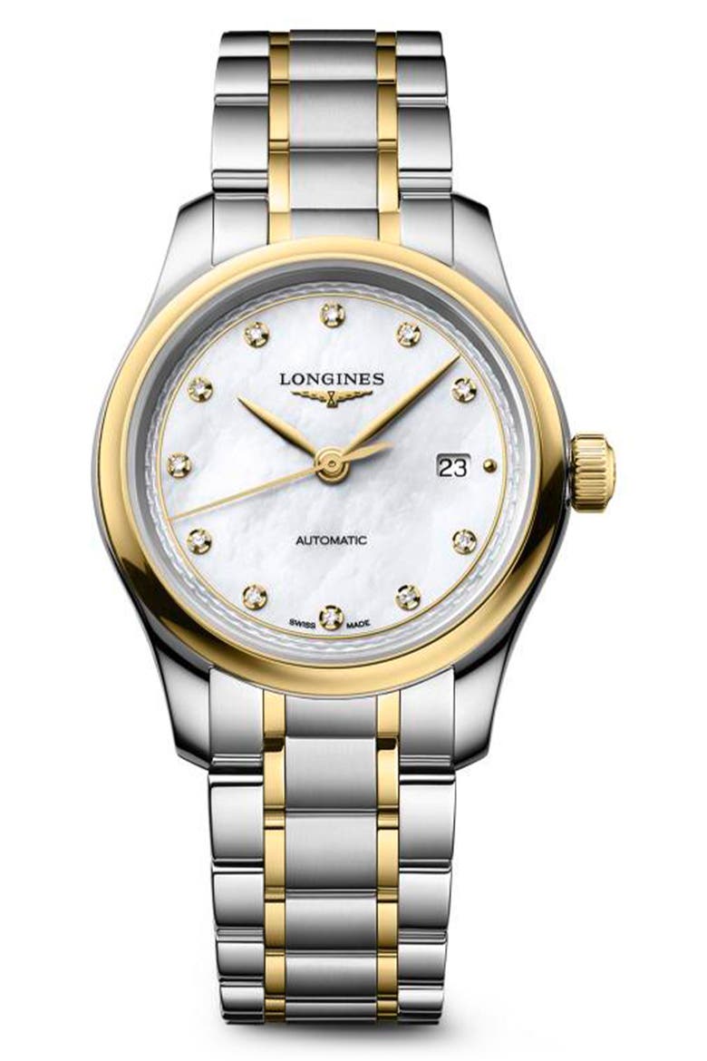 Conquest Automatic Diamond Mother of Pearl Bracelet Watch, 30mm, Main, color, WHITE MOTHER OF PEARL