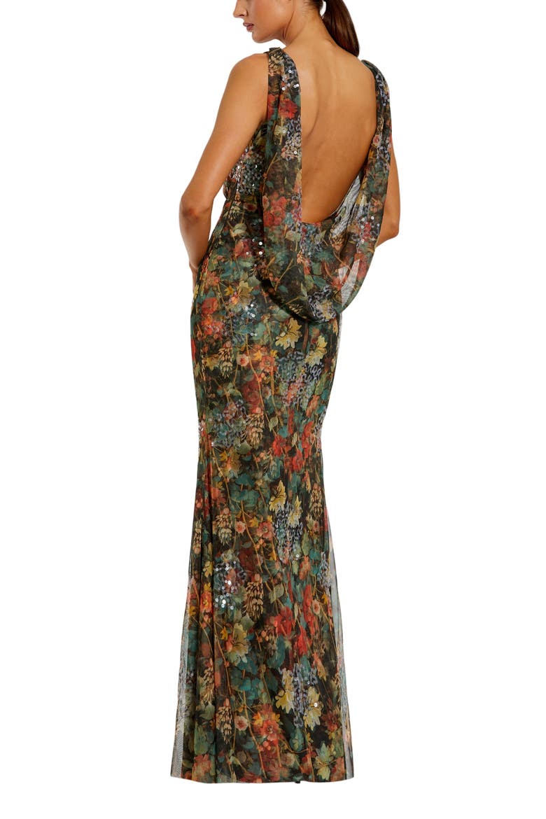 Women's High Neck Printed Mesh Cowl Back Column Gown, Alternate, color, Charcoal Multi