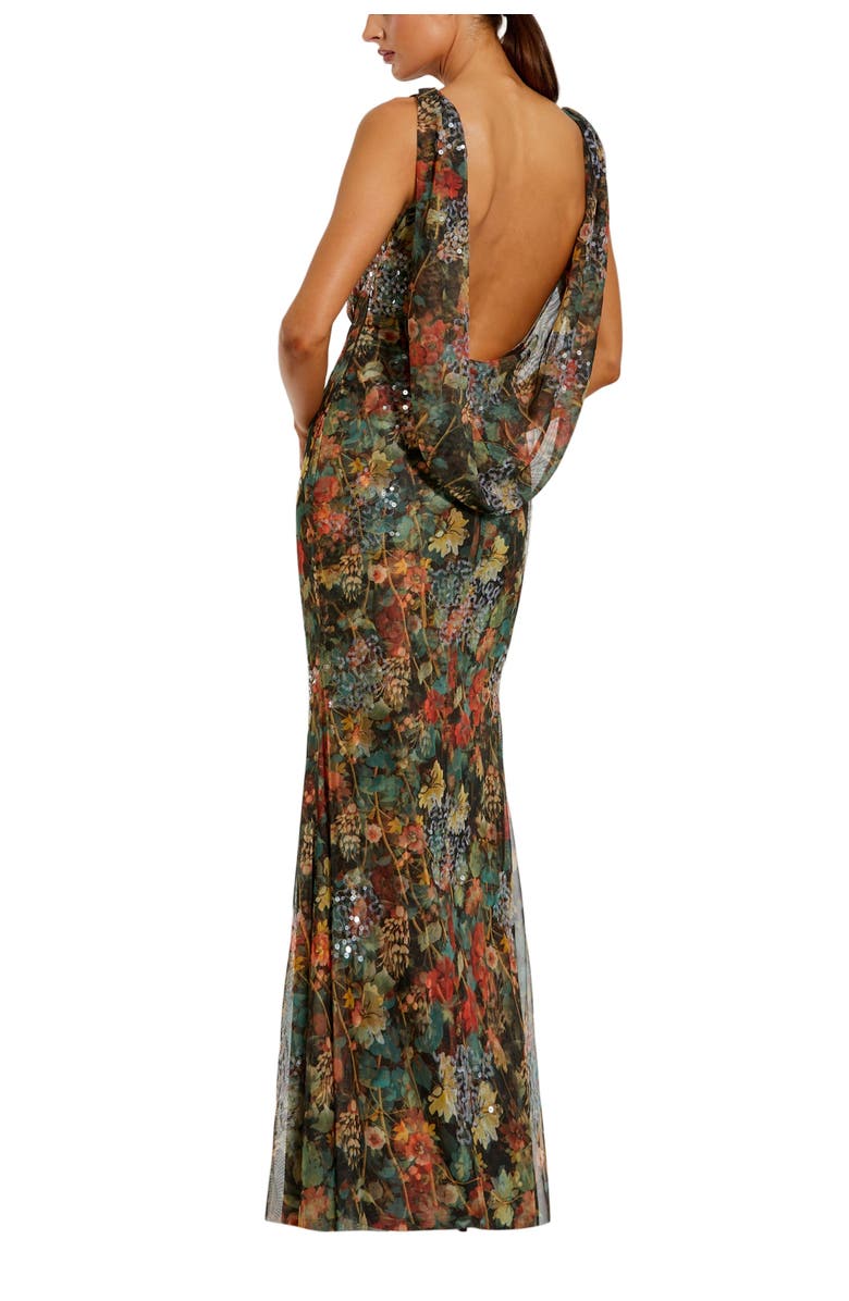 Mac Duggal Women's High Neck Printed Mesh Cowl Back Column Gown, Alternate, color, Charcoal Multi