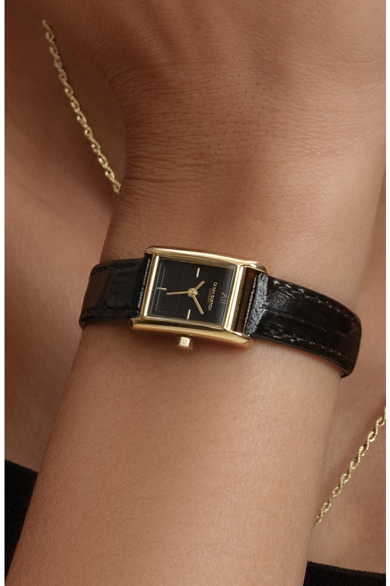 Mini Grove Rectangular Croc Embossed Leather Strap Watch, 16mm, Alternate, color, BLACK